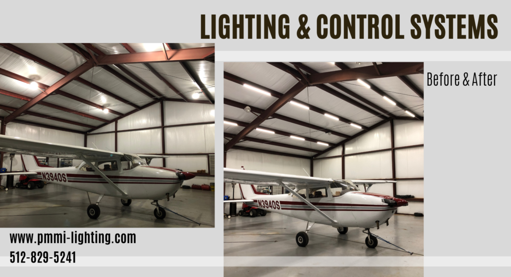 Before and After photos of relighting an airplane hangar with LED Low voltage lighting.